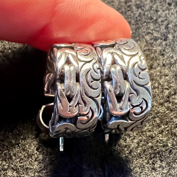 Lois Hill Hand Carved Scroll Chunky Post Hoop Earrings Sterling Silver 6" Drop - Picture 12 of 17